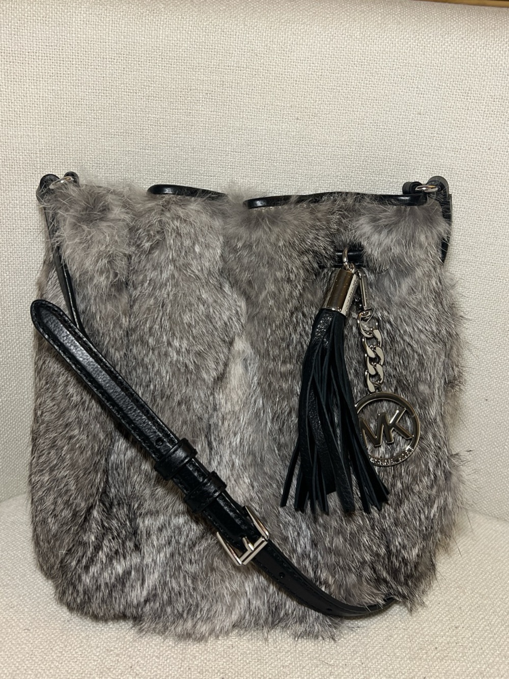 Michael Kors Gray Rabbit Fur Crossbody with Leather Tassel Charm